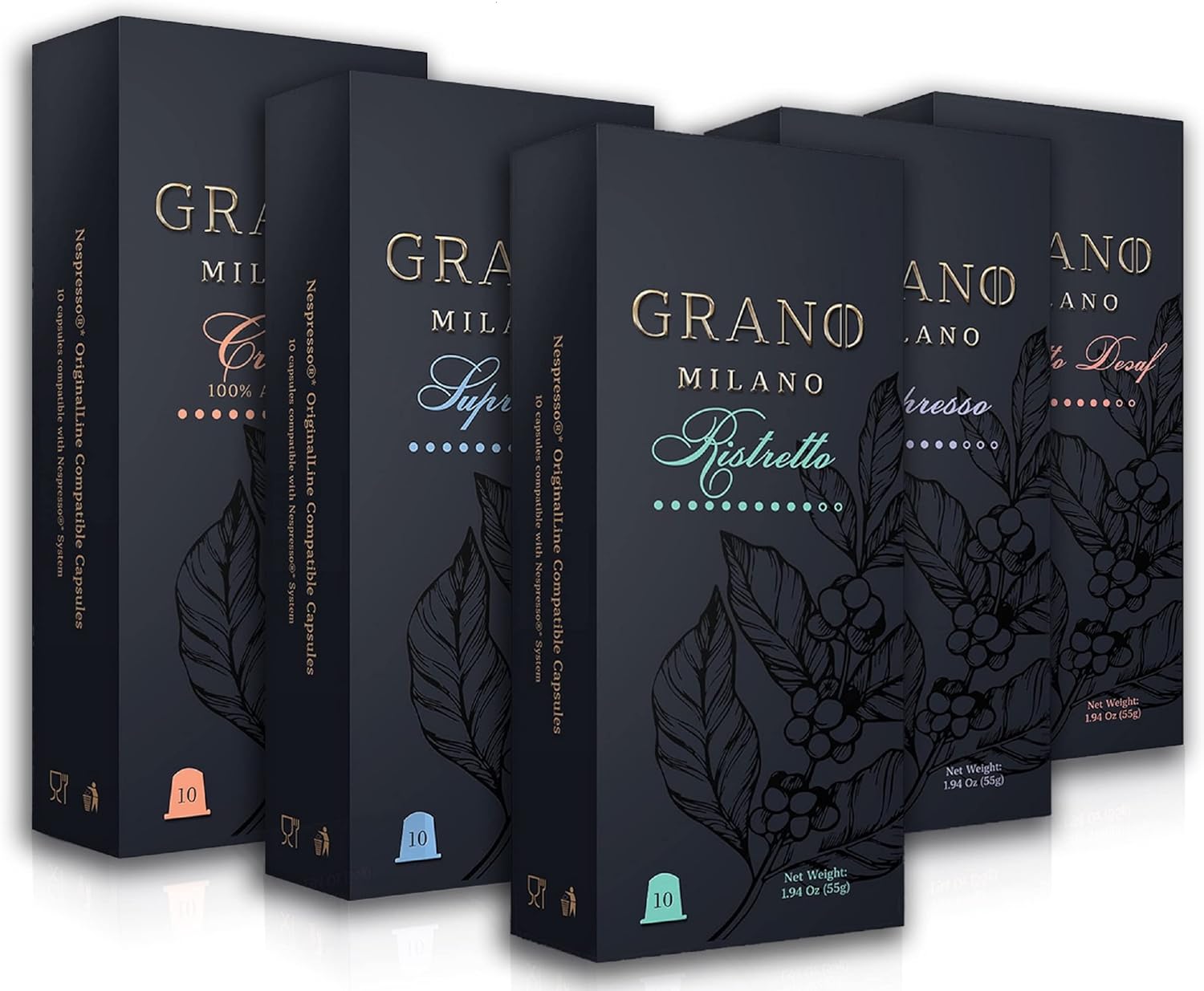 Grano Milano Variety Pack with Decaf - 50 Coffee Capsules (10 Decaf, 40 Caffeina...