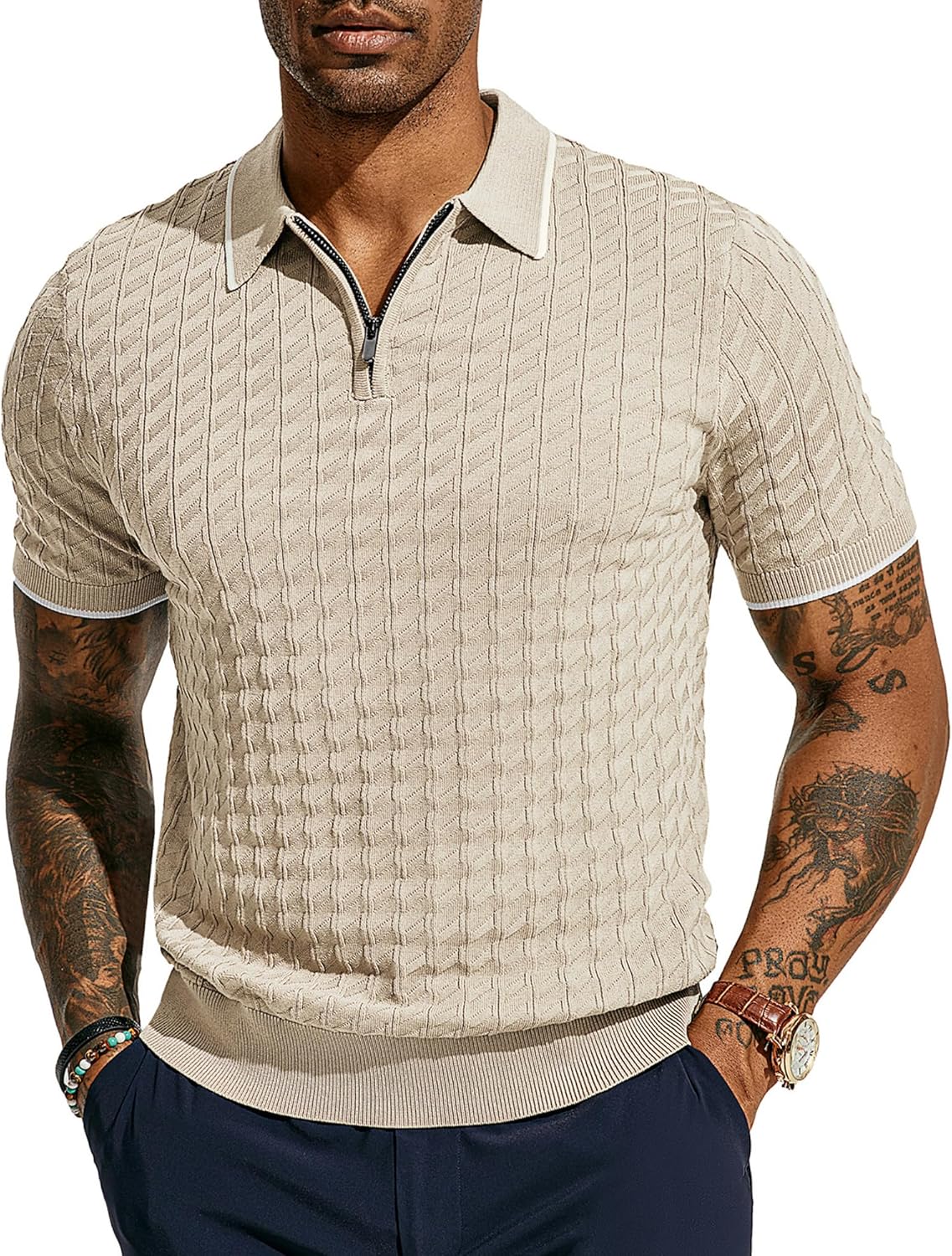 PJ PAUL JONES Men's Knit Polo Shirts Short Sleeve Quarter Zip Polo Shirt Large B...