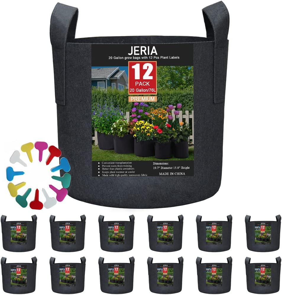 JERIA 12-Pack 20 Gallon, Vegetable/Flower/Plant Grow Bags, Aeration Fabric Pots...