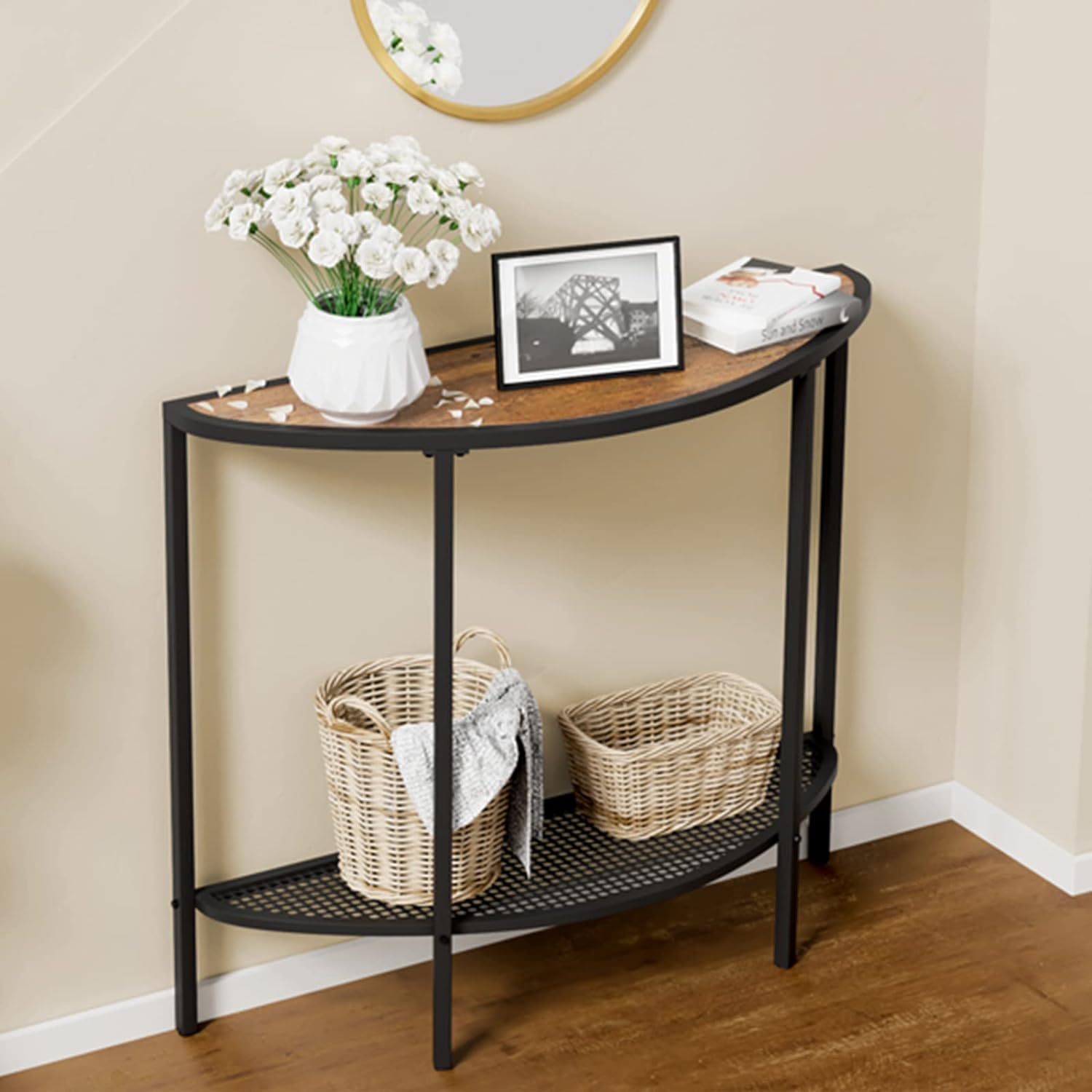 SAYGOER Console Table 2 Tier Narrow Entryway Table with Storage Half Moon Sofa C...