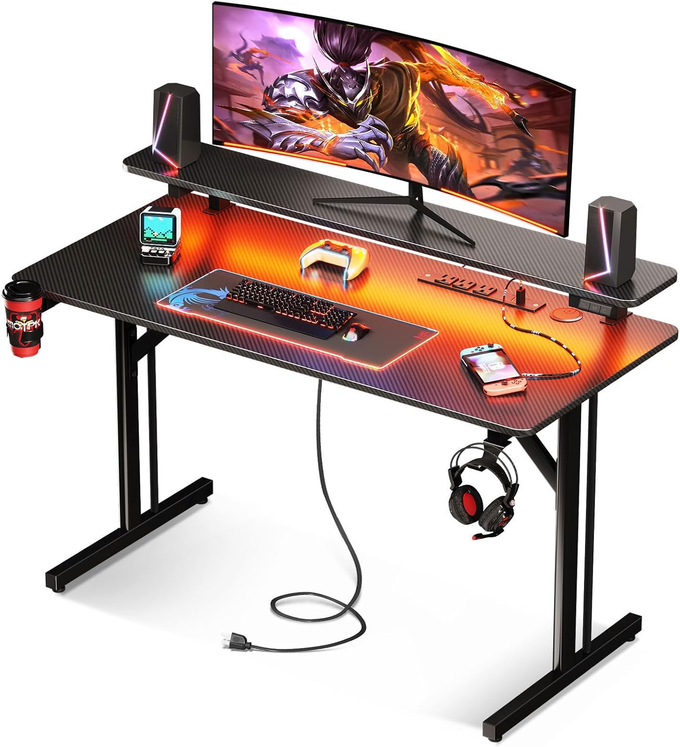MOTPK Small Gaming Desk with LED Lights & Power Outlets, 39 Inch Computer Desk G...