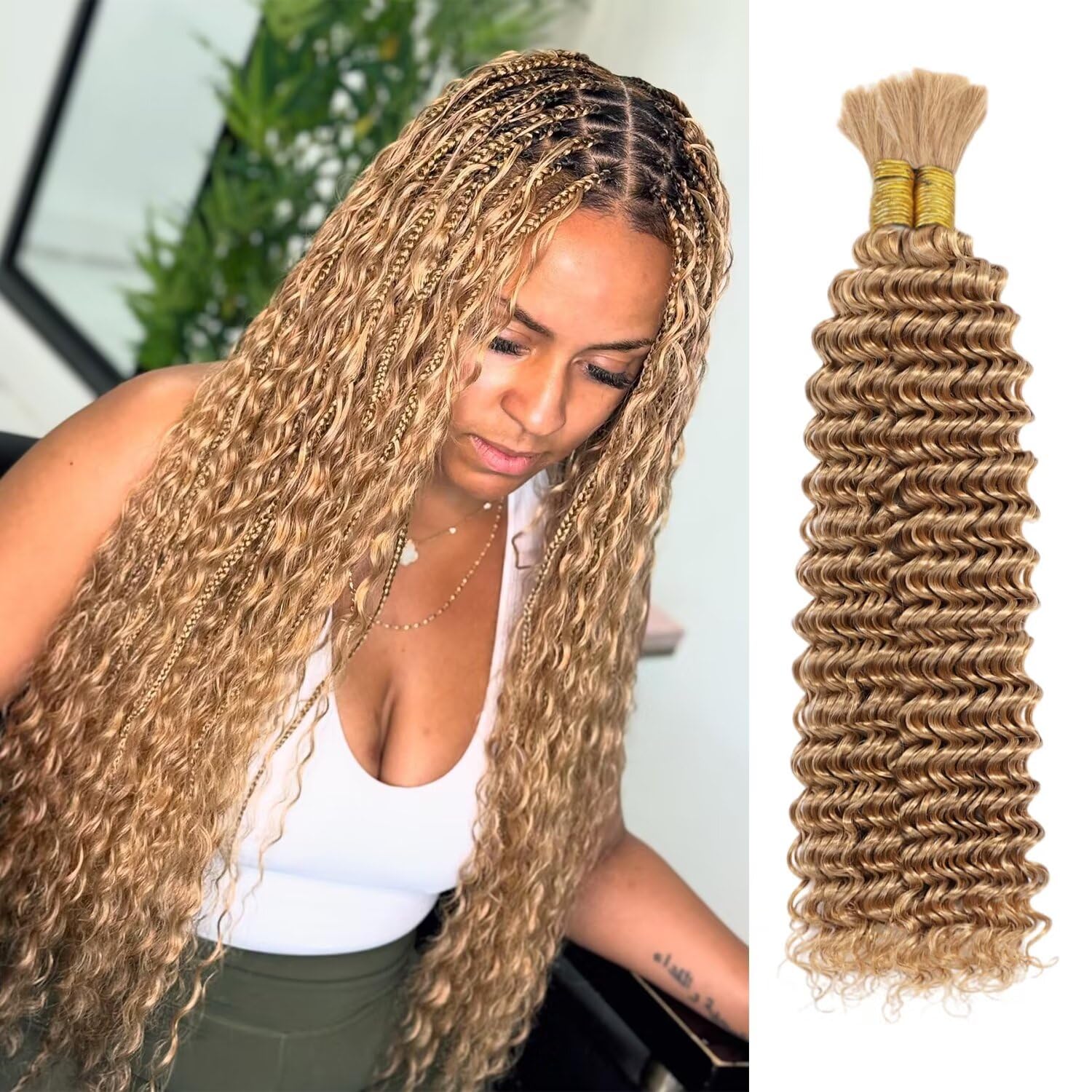 Blonde Braiding Hair 100g 18 Inch Deep Water Wave 2 Bundle Bulk Human Hair for B...
