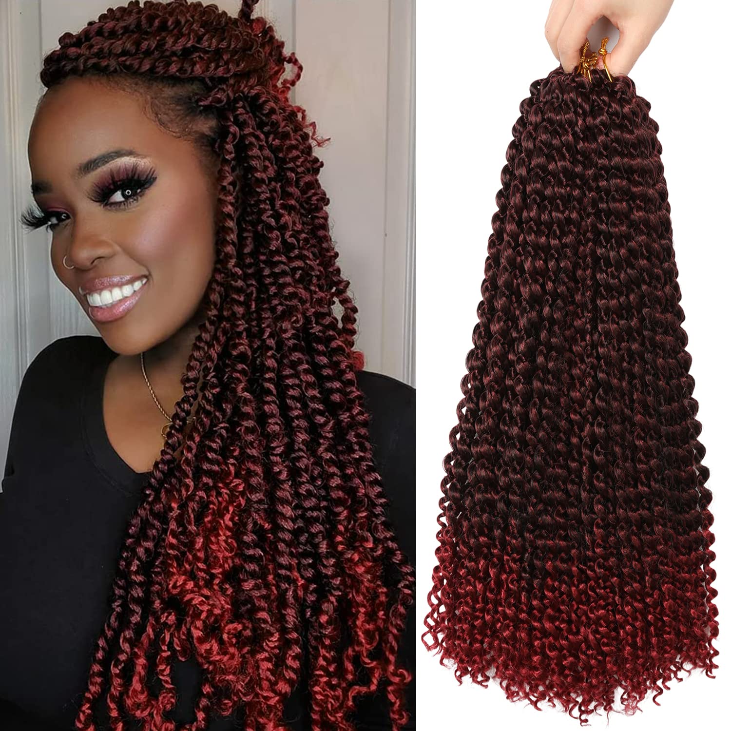 Ubeleco 18 Inch Passion Twist Hair, Ombre Burgundy Water Wave Crochet Hair for W...
