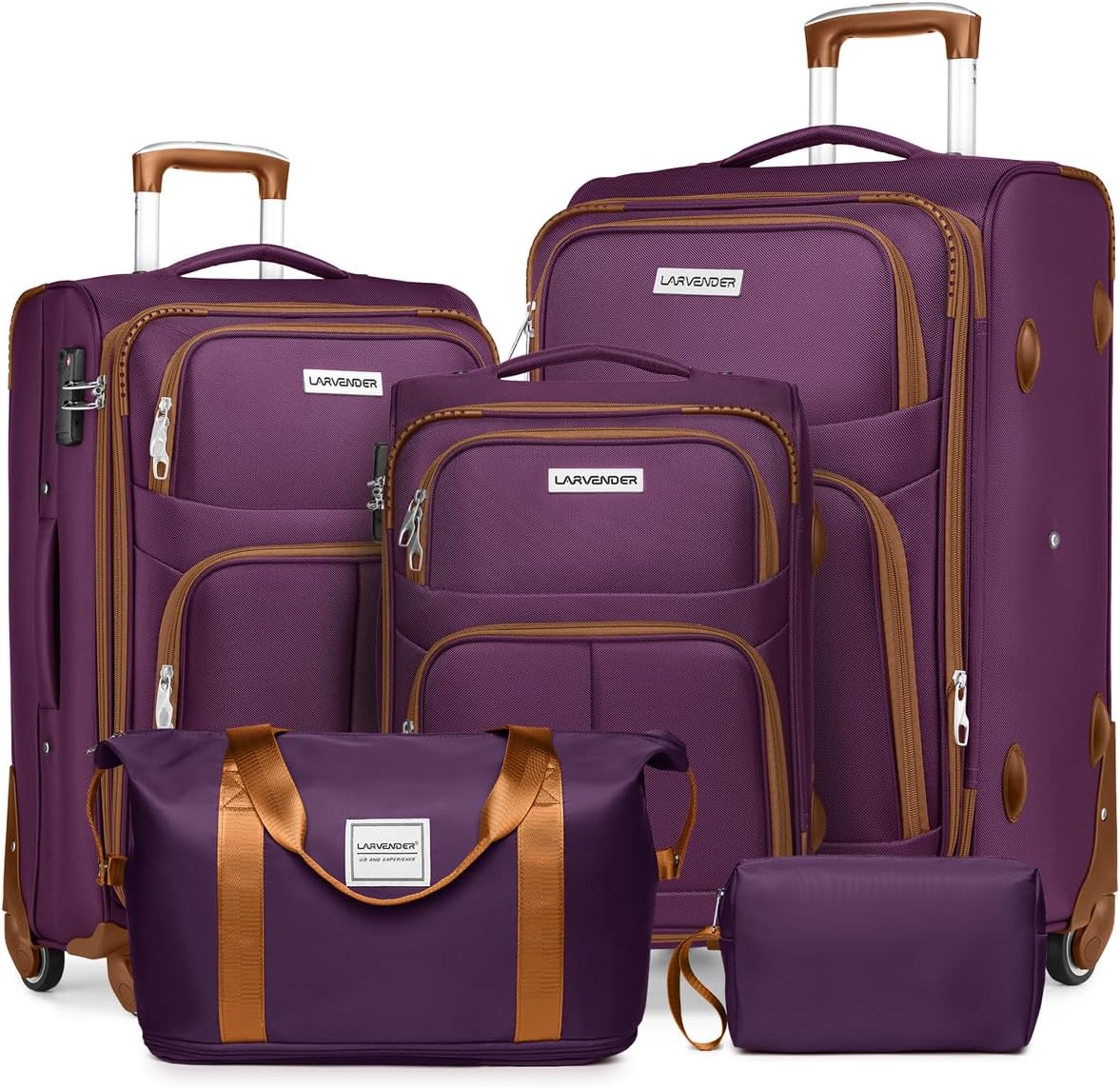 LARVENDER Luggage Sets 5 Piece Softside Expandable Suitcases Set with Spinner Wh...
