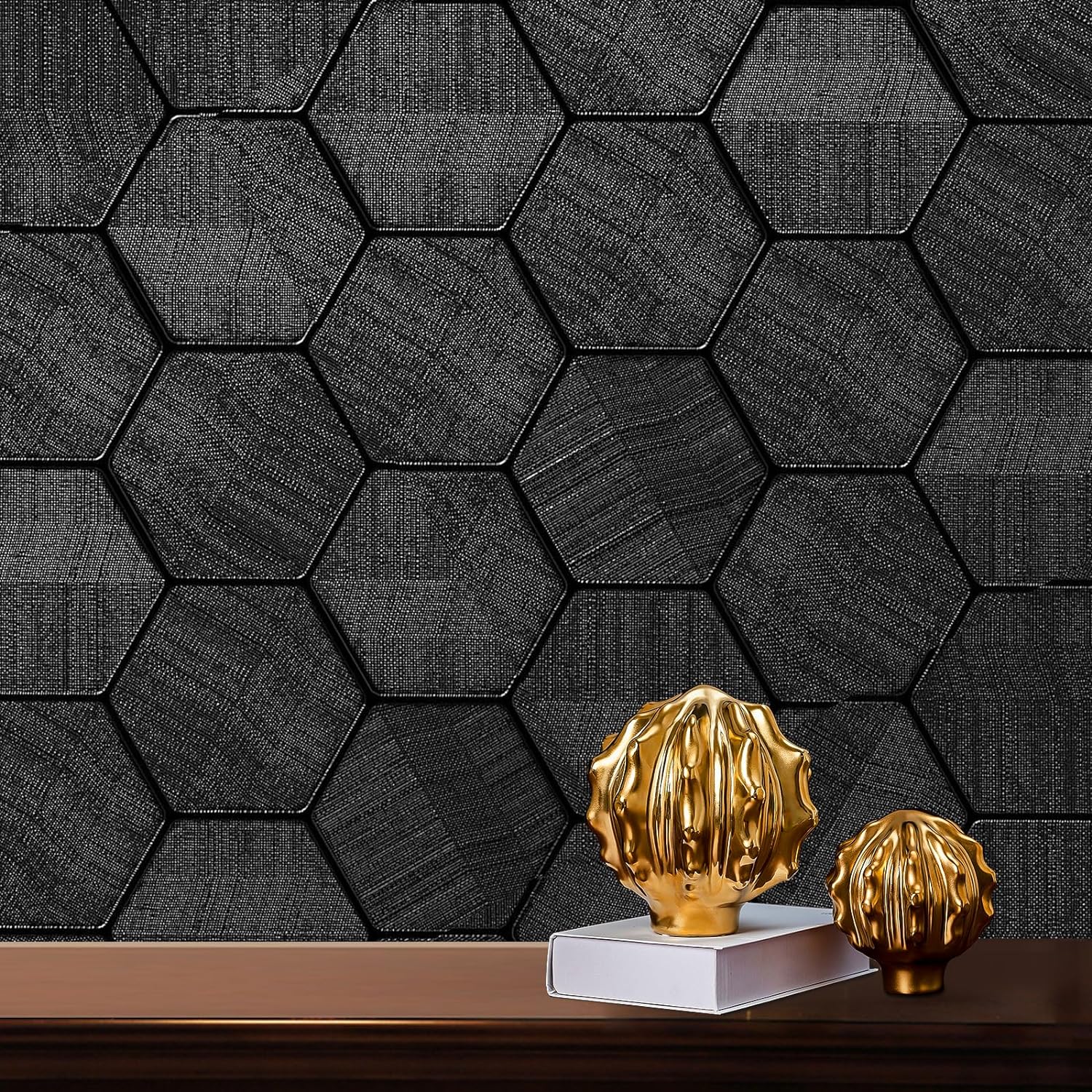 Black Peel and Stick Wallpaper Self Adhesive 3D Hexagon Geometric Embossed Conta...