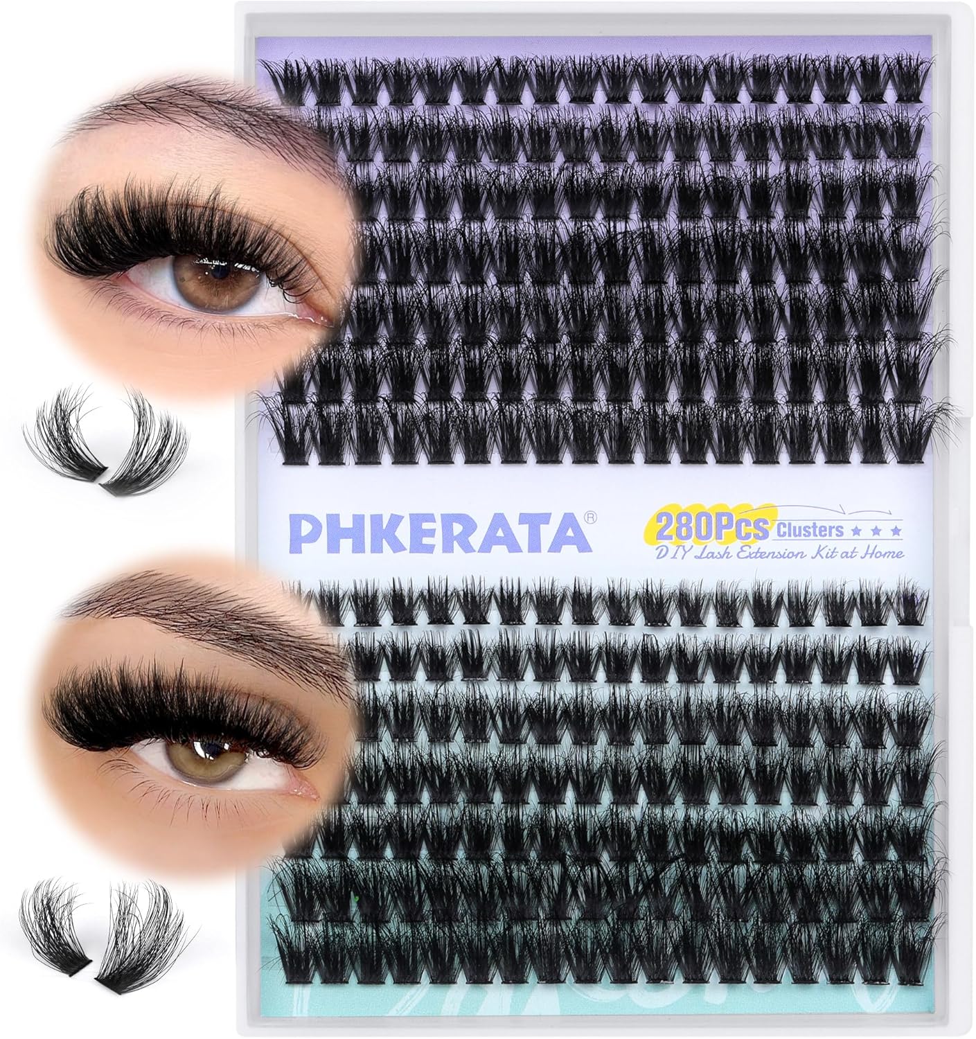 PHKERATA Fluffy Eyelash Clusters 80P+100P Wispy Individual Lashes 280Pcs D Curl...