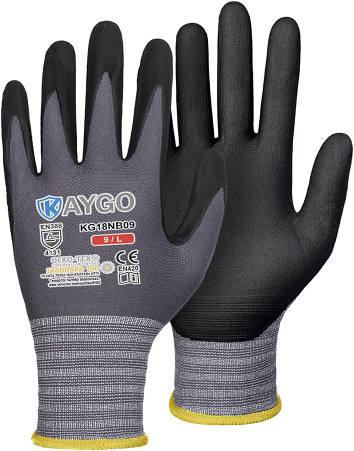 KAYGO Safety Work Gloves MicroFoam Nitrile Coated-3 Pairs, KG18NB,Seamless Knit...