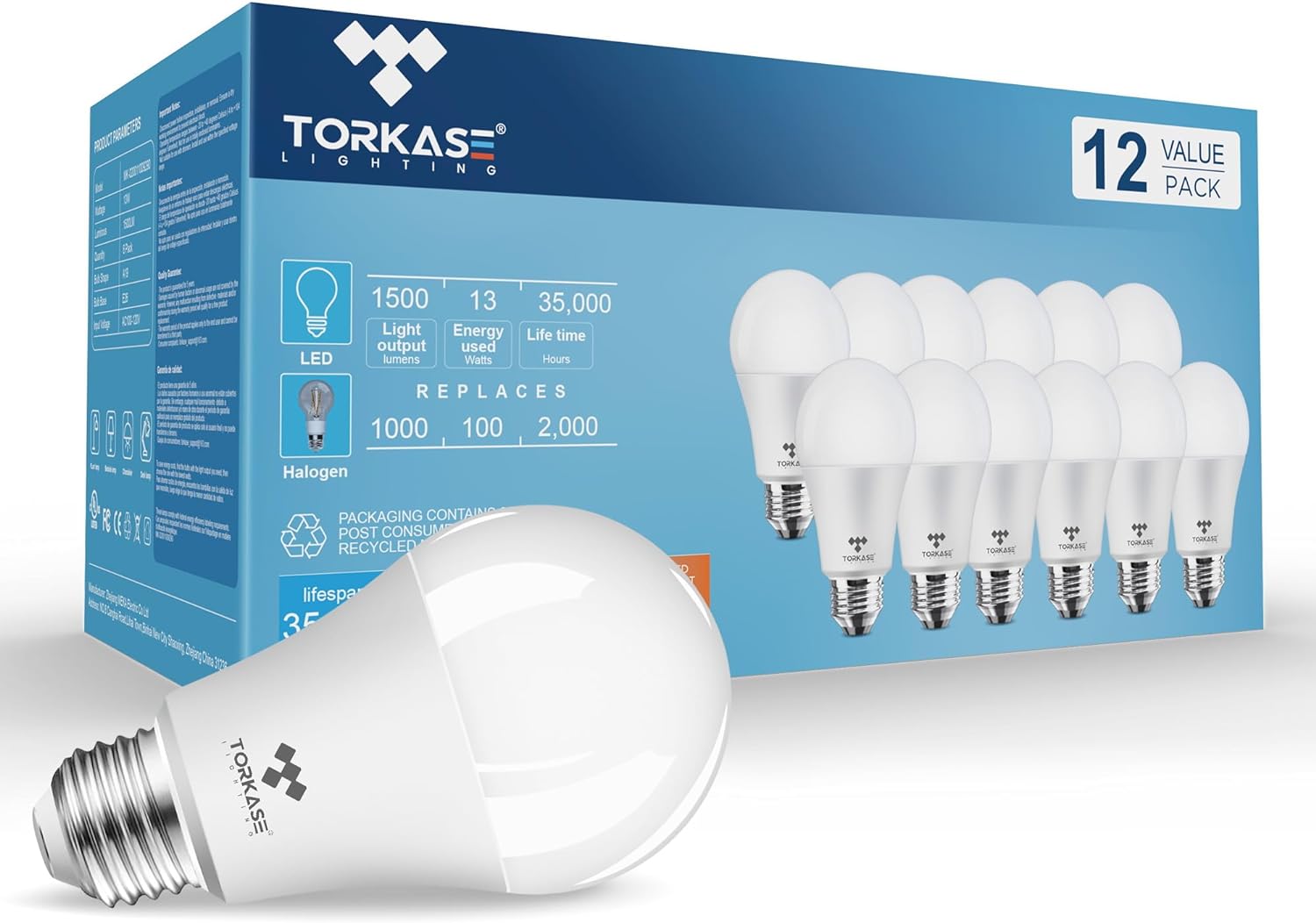 TORKASE LED Bulbs 12-Pack, 100W Replacement A19 Light Bulb, 13W 1500LM Extra Bri...