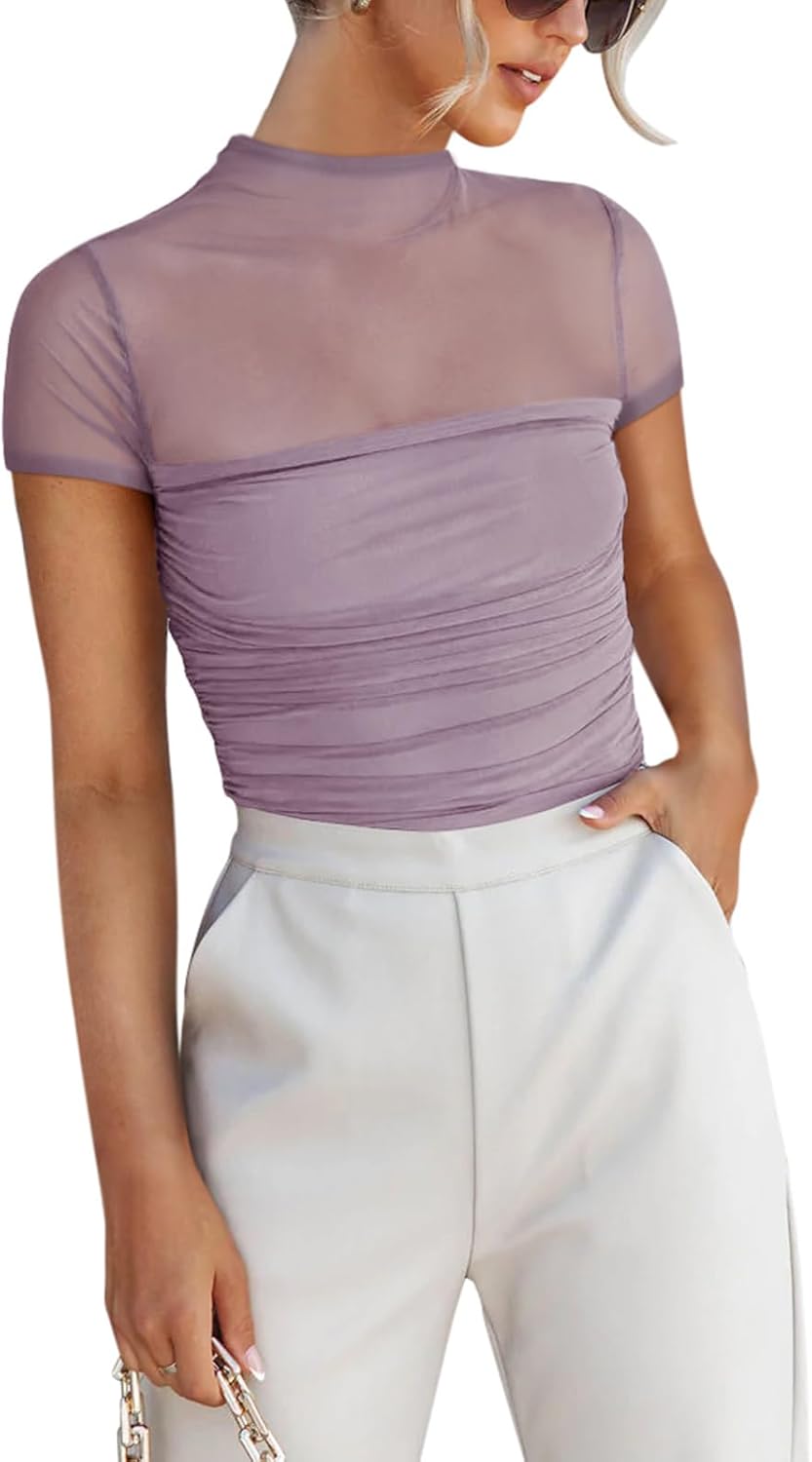 REORIA Women Sexy Mock Turtle Neck Short Sleeve Shirts Sheer Mesh Ruched Trendy...