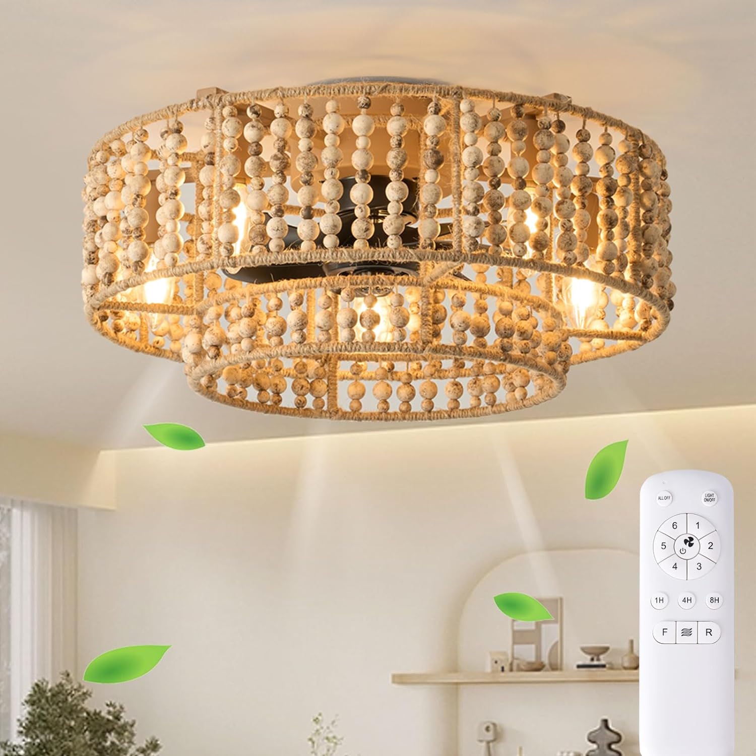 Boho Low Profile Ceiling Fans with Lights and Remote, 20 Inch Beaded Flush Mount...