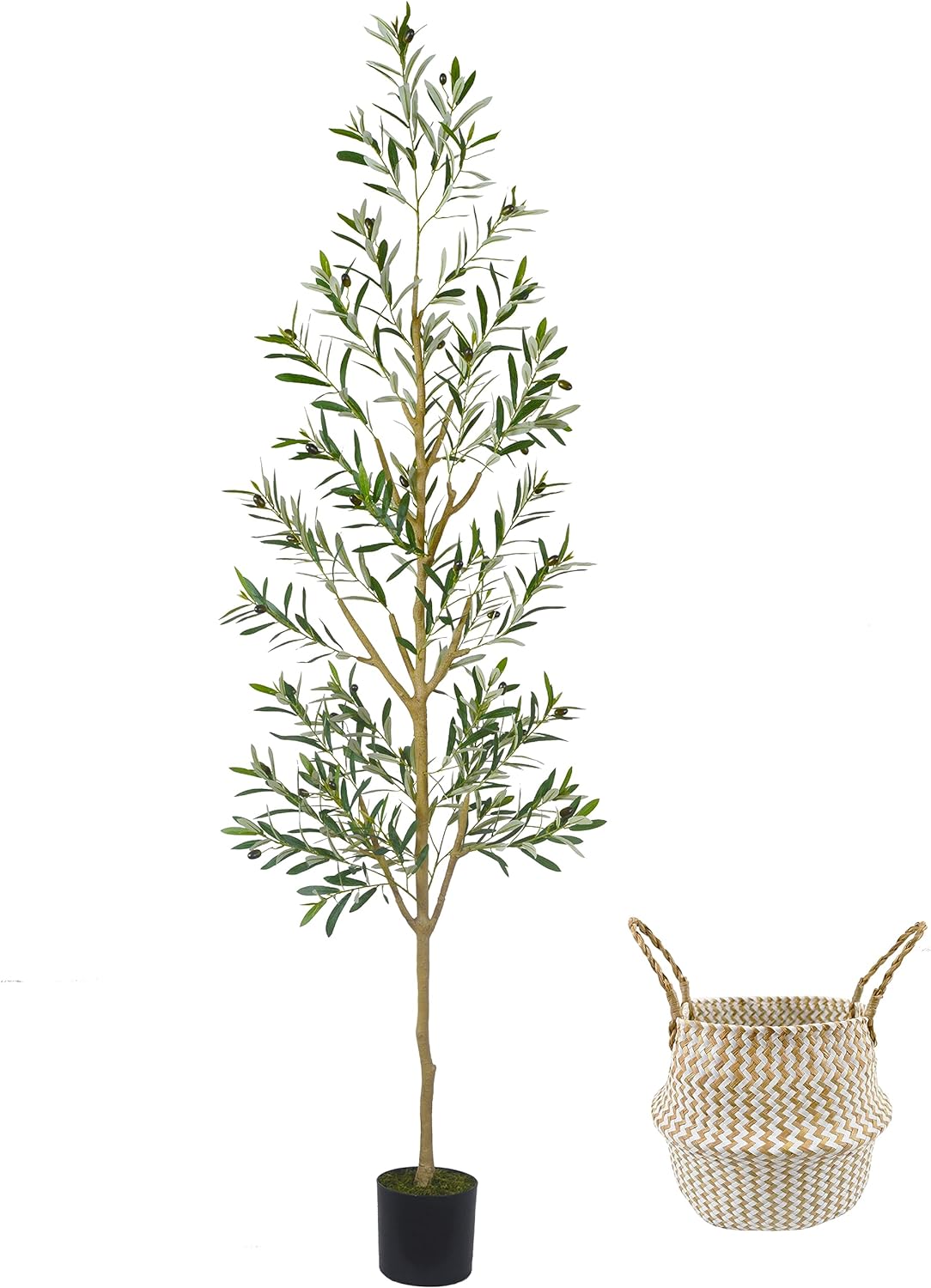 7.8ft (93”) Artificial Olive Tree, Tall Fake Olive Plant with Basket, Indoor Out...