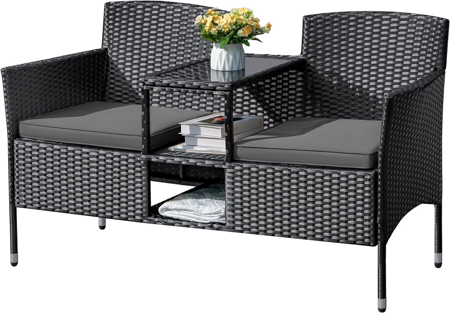Flamaker Outdoor Furniture Patio Loveseat Wicker 2-Seat with Built-in Table and...