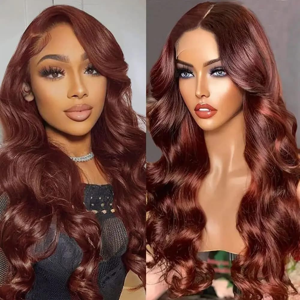 Reddish Brown 34Inch Lace Front Wigs Human Hair Pre Plucked 13X6 HD Body Wave Hu...