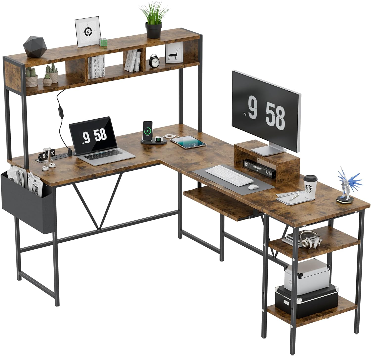 Homall L Shaped Gaming Desk with Power Outlets&LED Lights, Reversible Corner Com...