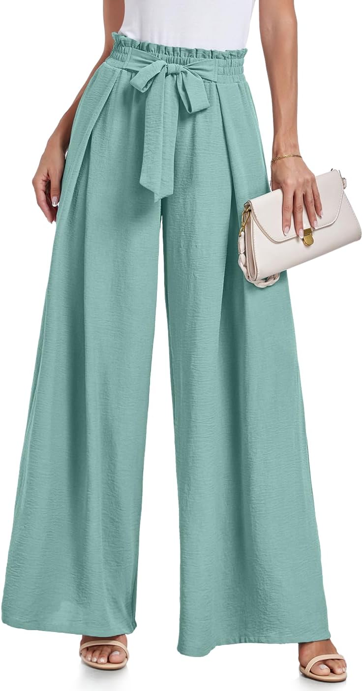 Wide Leg Pants for Women High Waisted Palazzo Pants Work Casual Flowy Tie Knot T...