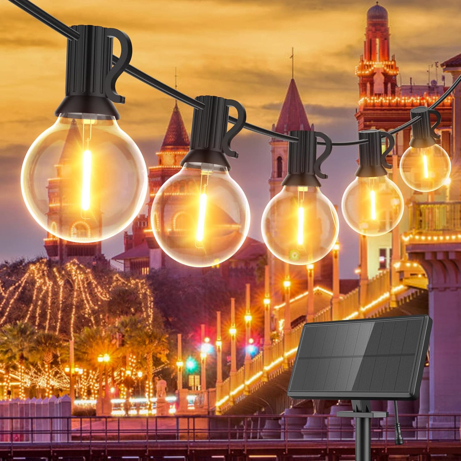 GLUROO Solar String Lights, 30FT Solar Festoon Lights Outdoor with 15+1 Shatterp...