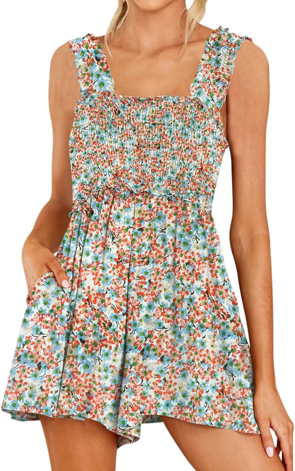 DEEP SELF Women Summer Sleeveless Romper Square Collar Ruffle Straps Flowy Short...