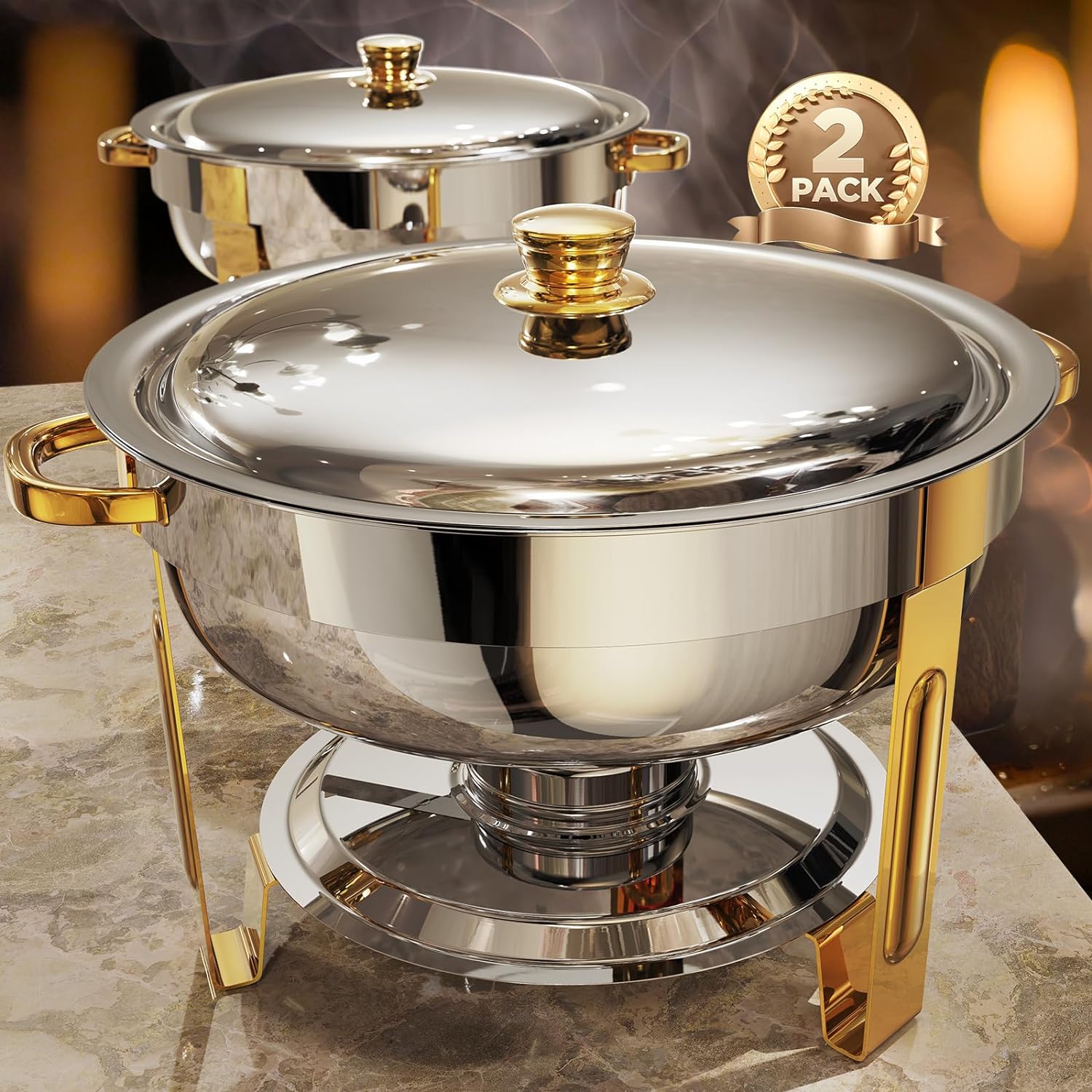 Chafing Dishes for Buffet 2 Pack, 5QT [Worry-Free Assemble] Round Chafing Dish B...