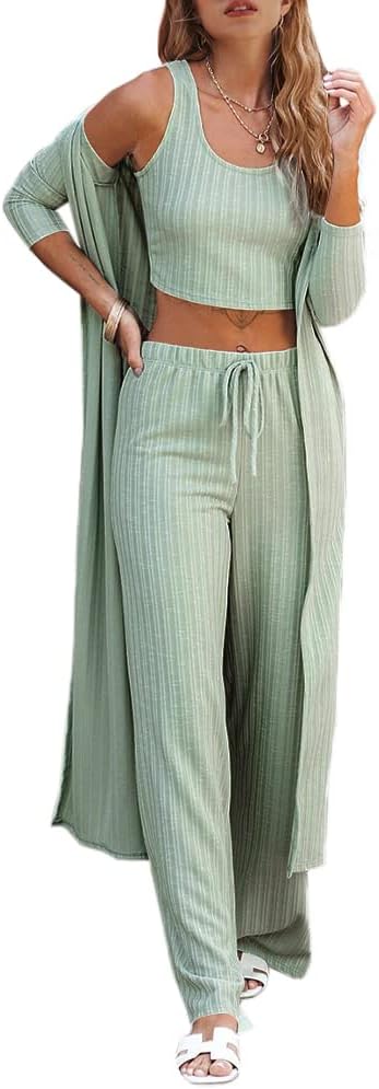 Fessceruna Womens Pajamas Set Fall Winter 3 Piece Loungewear Set Crop Top Loose...