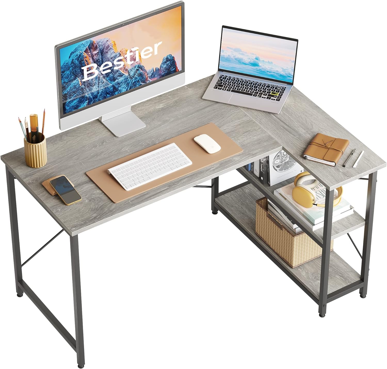 Bestier L Shaped Desk Small Corner Desk with Shelves 120CM Reversible Computer D...