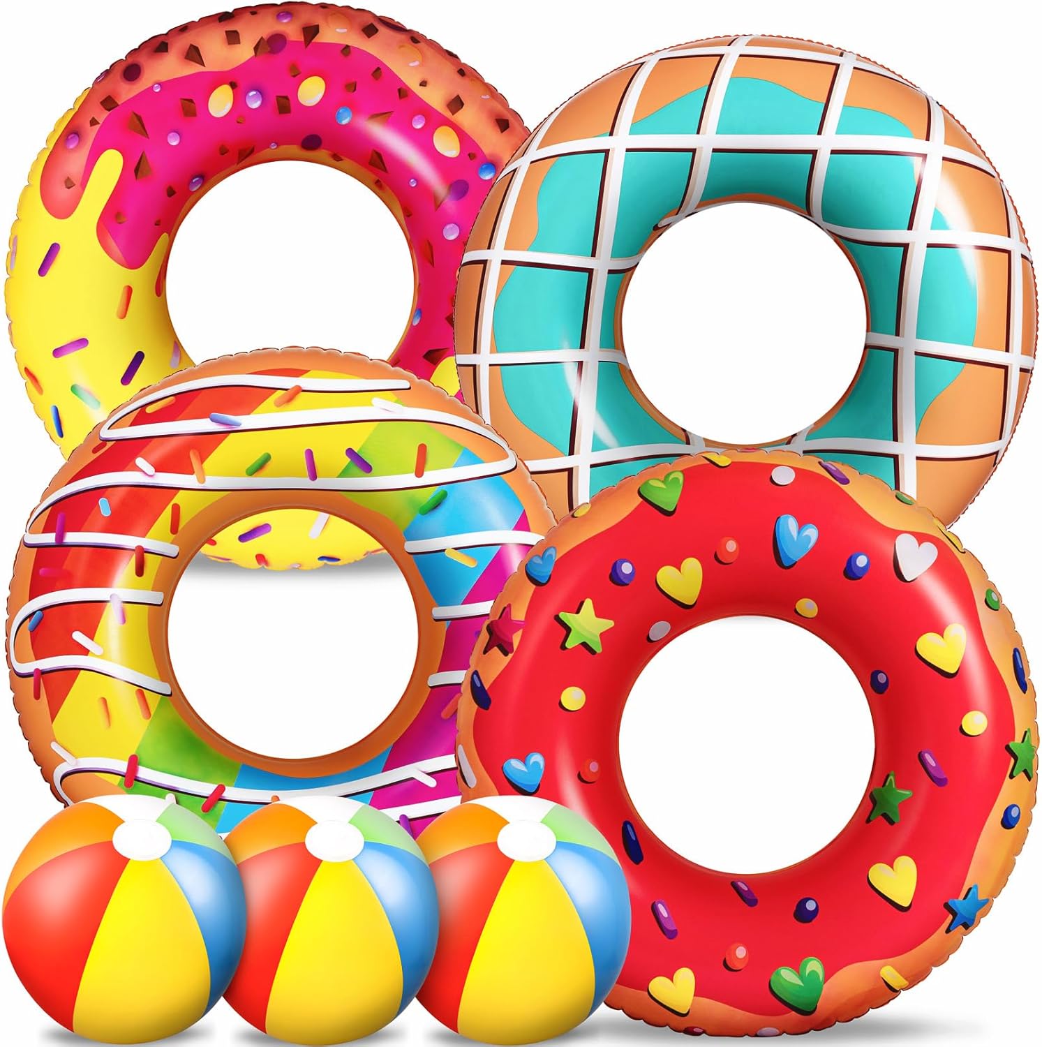 90shine 7PCS Donut Pool Floats: Doughnut Swimming Rings with 13.5" Beach Balls -...