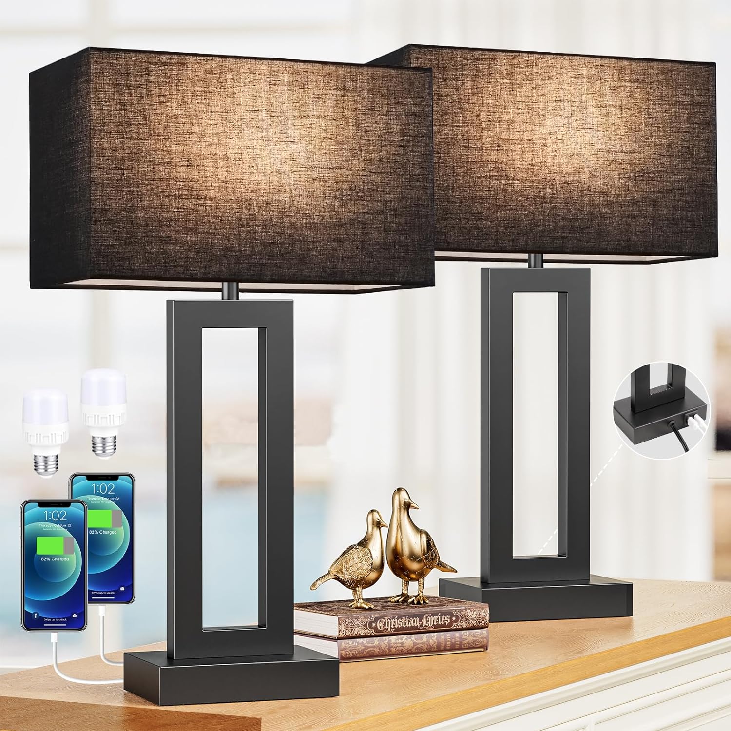 22" Tall Living Room Lamps for Night Stands - Touch Bedside Lamp with USB C+A, 3...