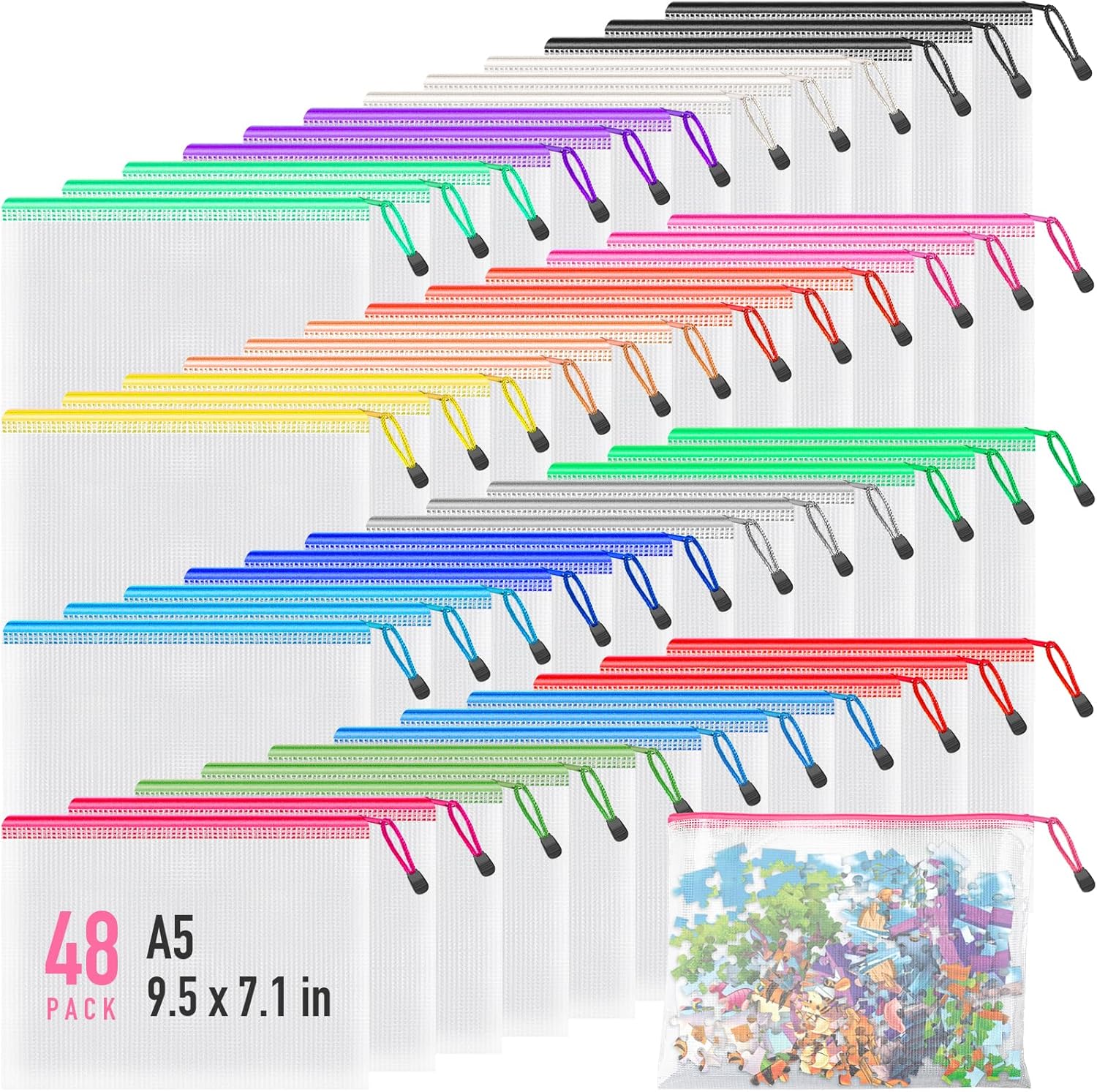 Umriox 48pcs Small Zipper Pouch, Mesh Bags with Zipper, A5 Size 16 Color Pencil...