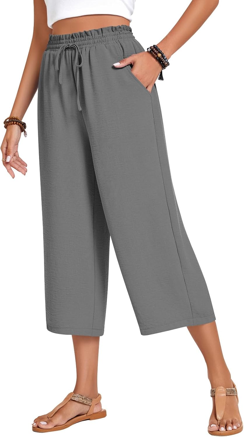 Anyhold Womens Capri Pants Loose High Waisted Wide Leg Lounge Pants Drawstring C...