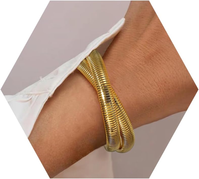 Gold Bangles for Women Chunky Stretch Bangles Bracelets Set 18K Gold Plated Stai...
