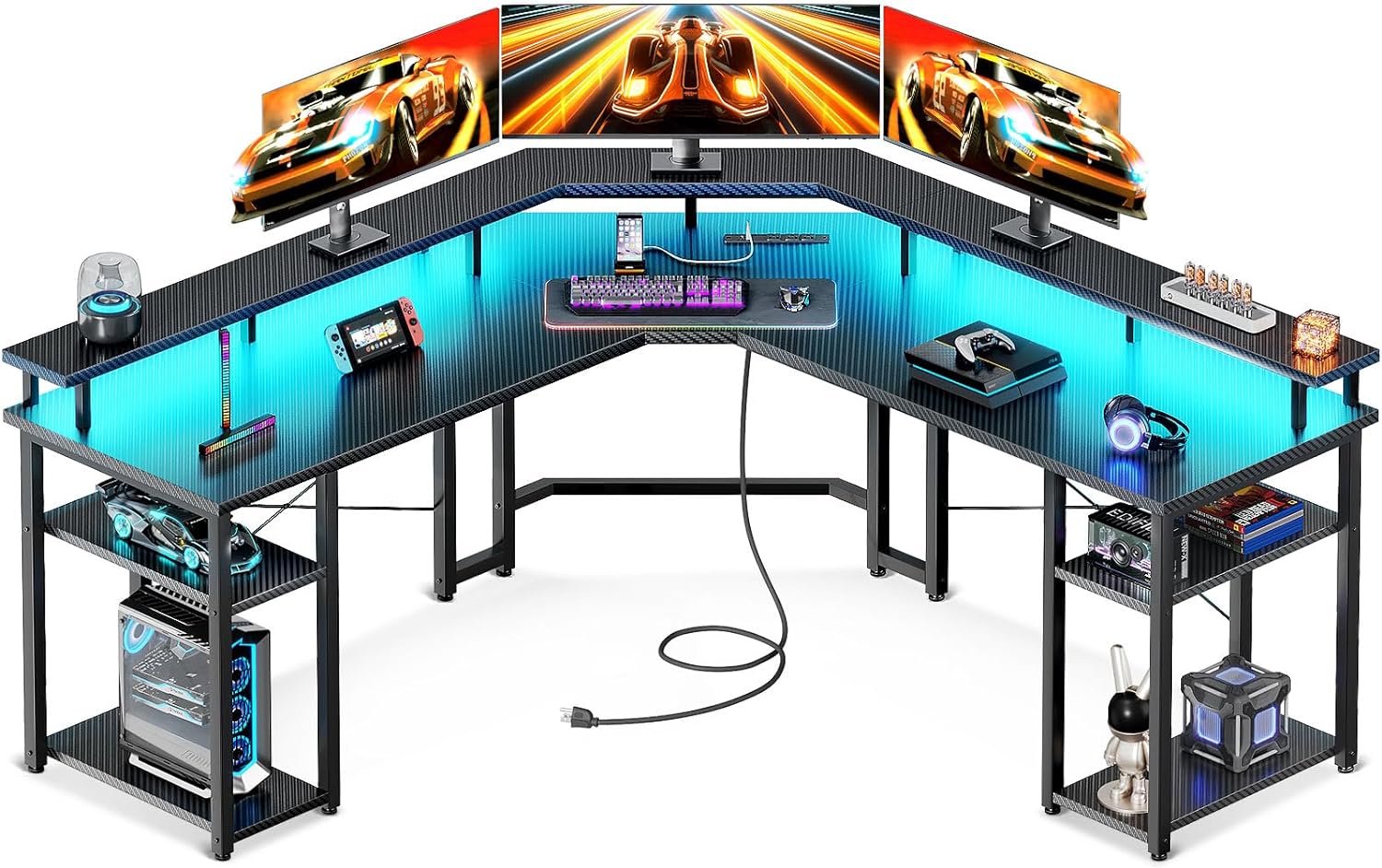 Coleshome L Shaped Gaming Desk with LED Lights & Power Outlets, Reversible 56" C...