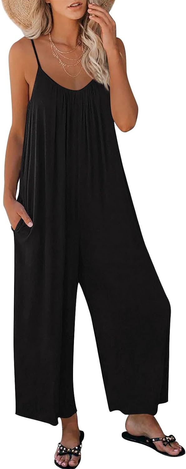 AUTOMET Jumpsuits for Women Loose Casual Sleeveless Adjustable Spaghetti Strap S...