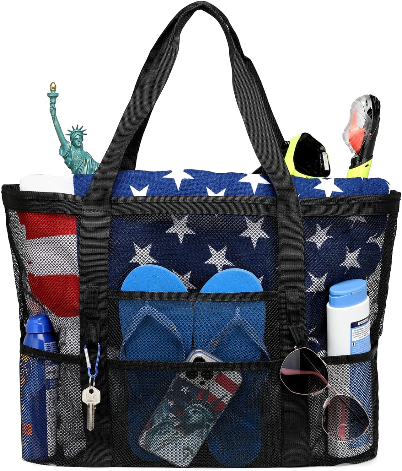F-color Mesh Beach Bag Family - Beach Tote 9 Pockets Beach Towel Bag Black