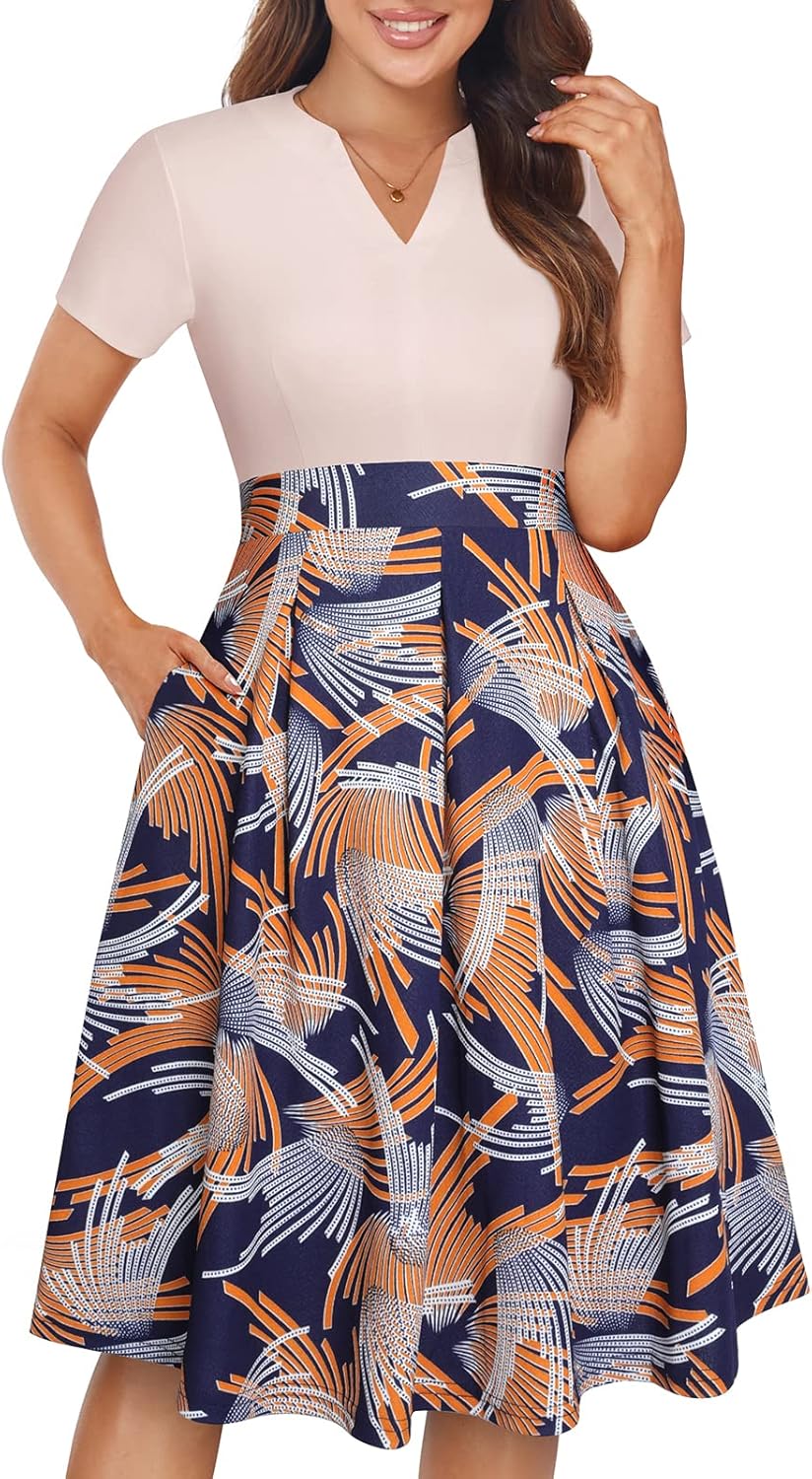 YATHON Womens Elegant Print Notched Neck Slant Pocket Pleated Hem Casual A-Line...
