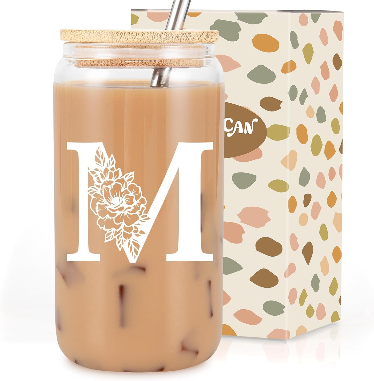 Coolife Initial Glass Cup, Monogrammed Gifts for Women, 16 oz Glass Cups w/Lids...