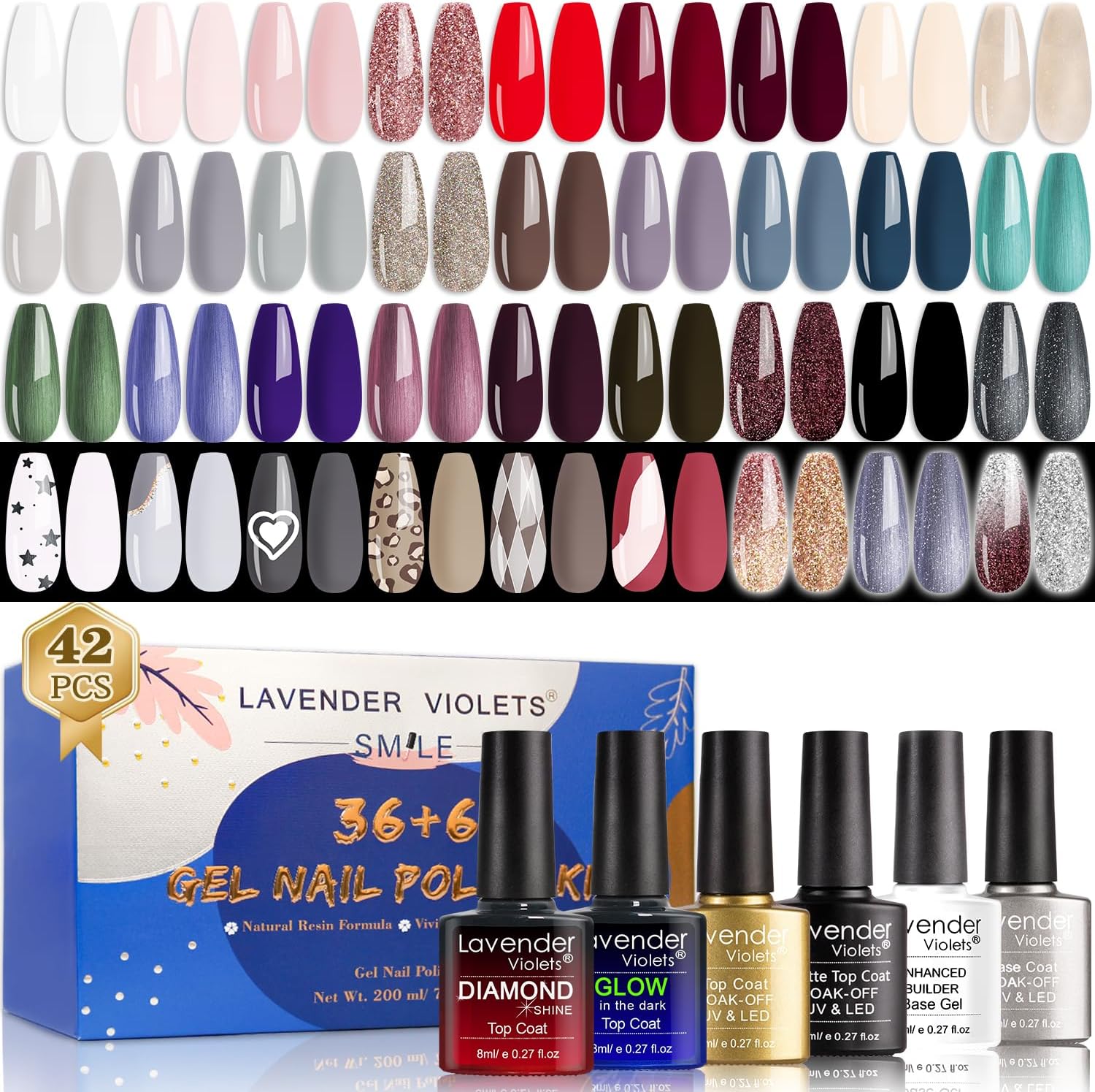 Lavender Violets 42 Pieces Gel Nail Polish Set with Glossy & Matte & Diamond & G...