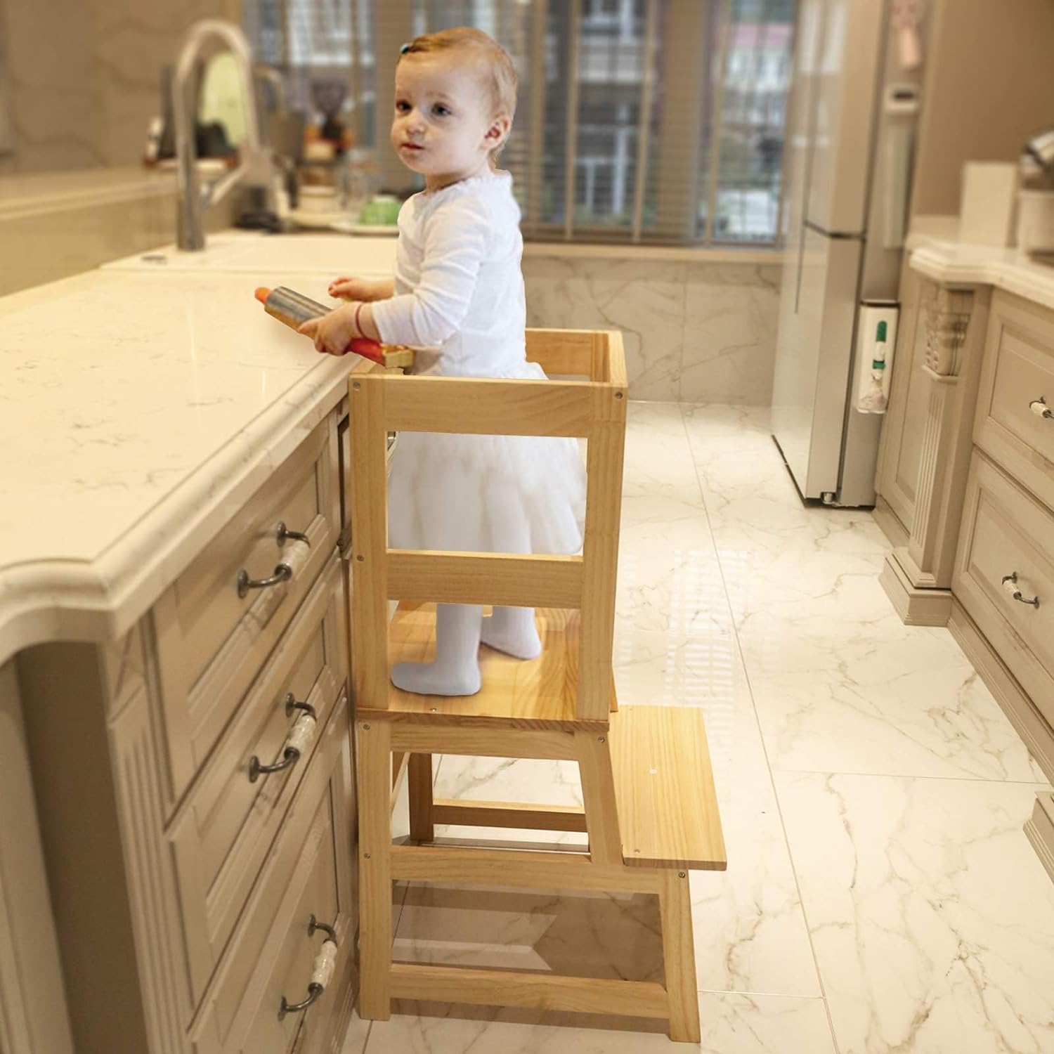 Kitchen Step Stool for Toddlers with Non-Slip Mat, Wood City Wooden Kids Montess...