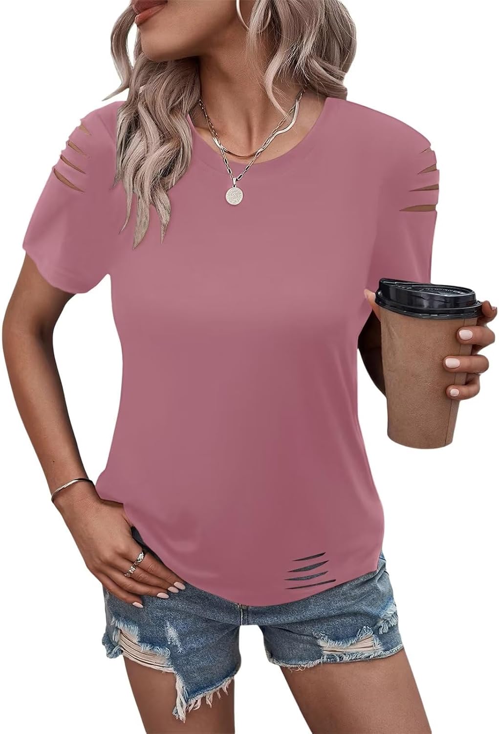 Women's Short Sleeve T Shirts Crew Neck Ripped Cut Out Summer Casual Basic Tees...