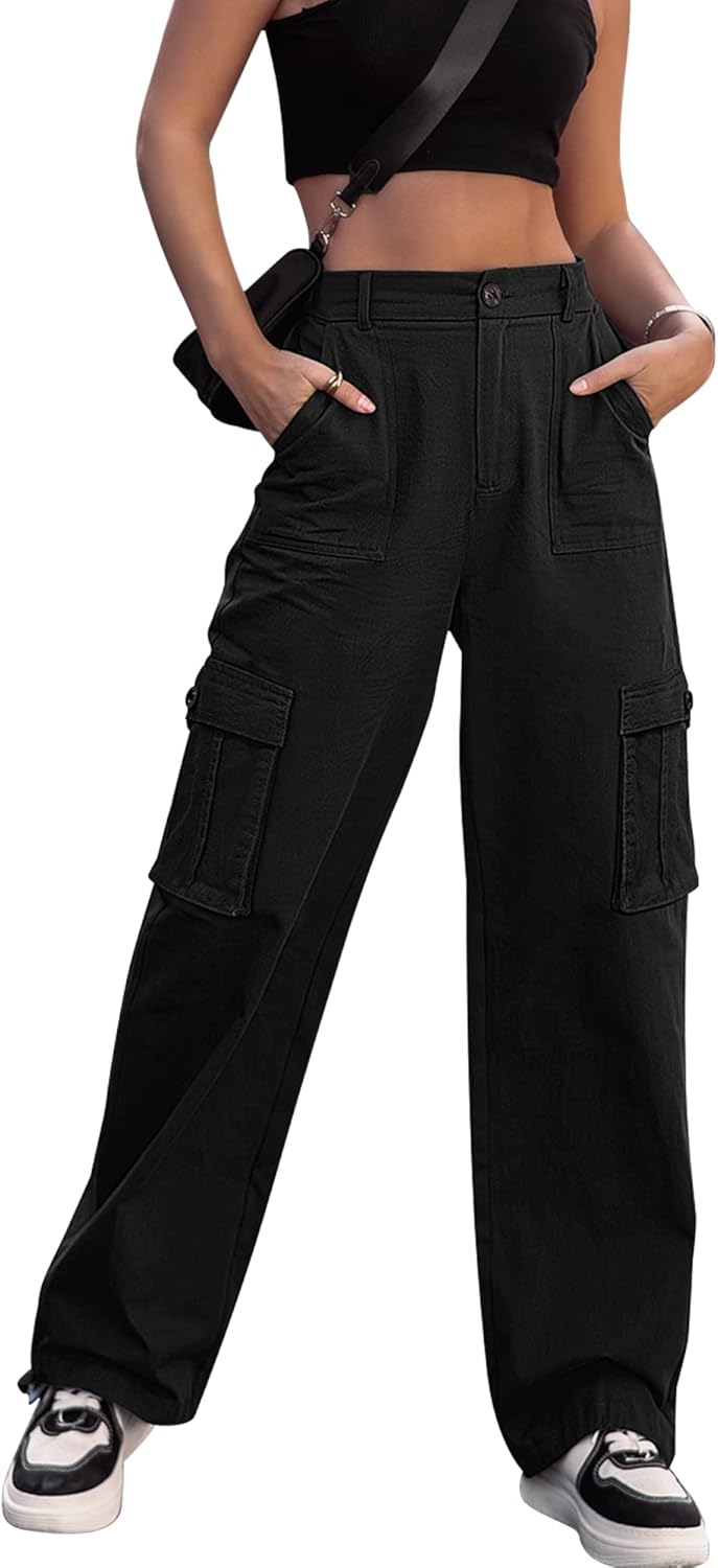 ZMPSIISA Women High Waisted Cargo Pants Wide Leg Casual Pants 6 Pockets Combat M...