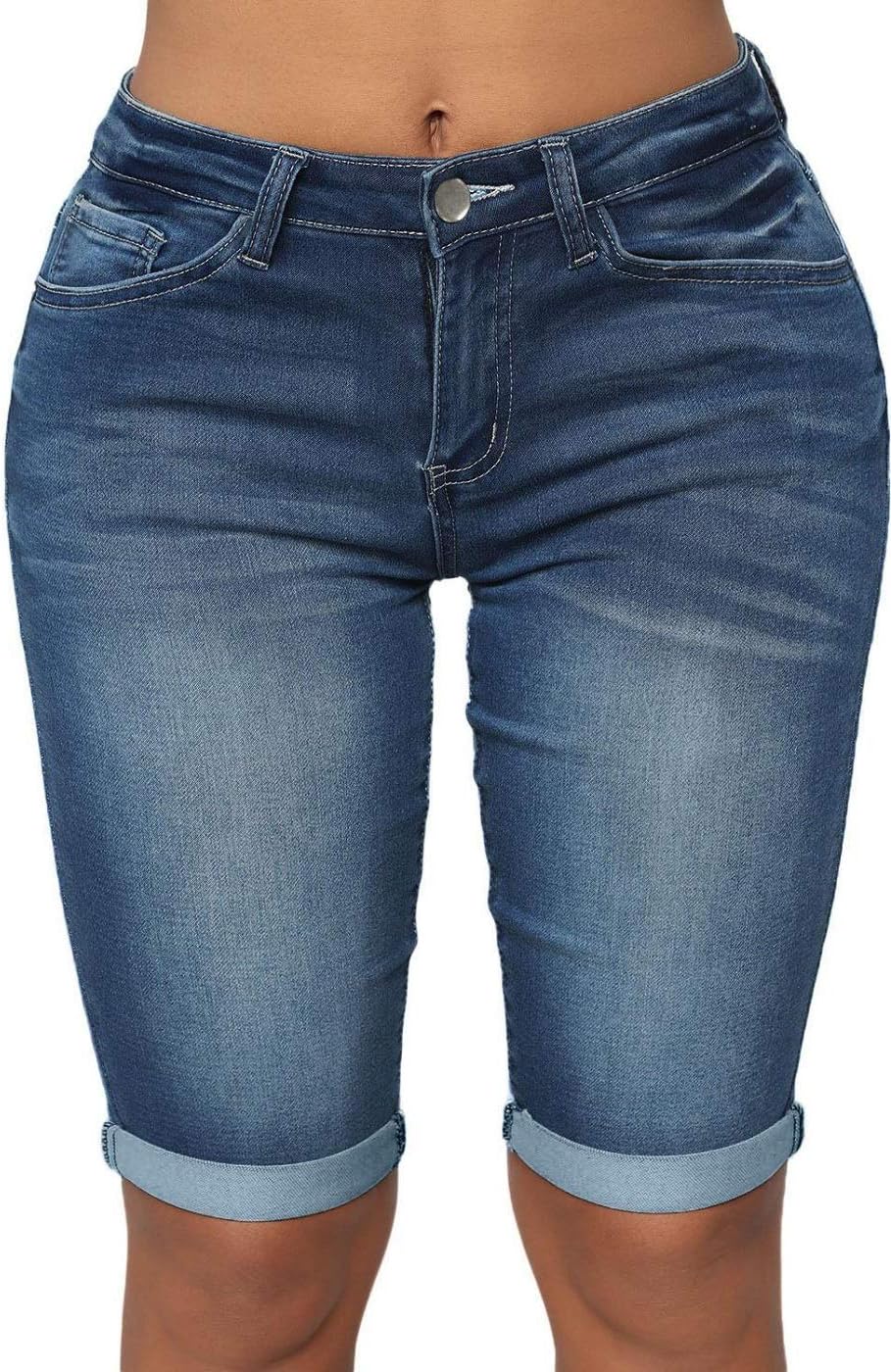 roswear Womens Mid Rise Roll Cuff Bermuda Stretch Denim Jean Shorts Large Blue