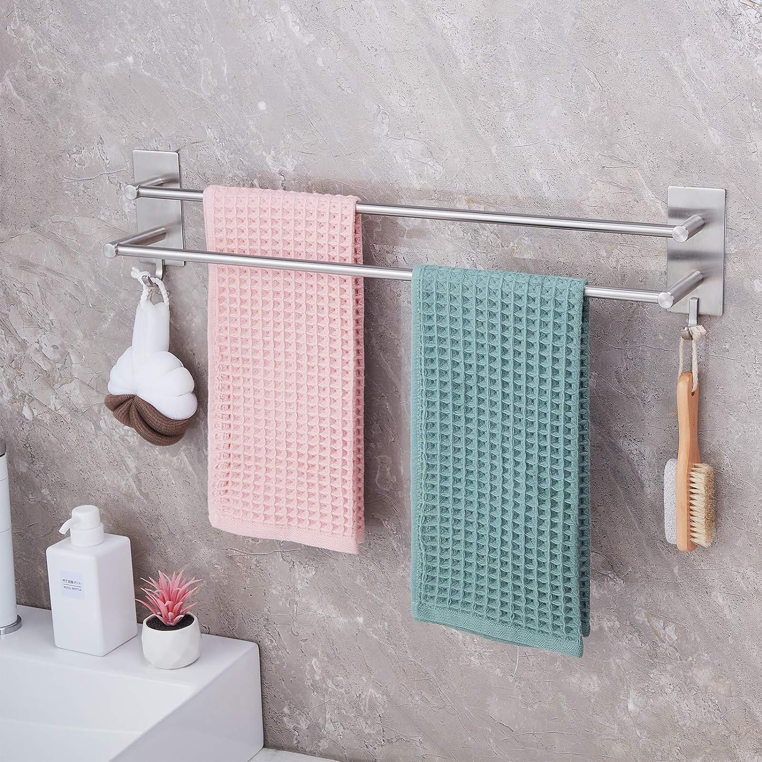 JS Towel Rail Self Adhesive 2-Tier Double Towel Holder rack Multi Towel Bar with...