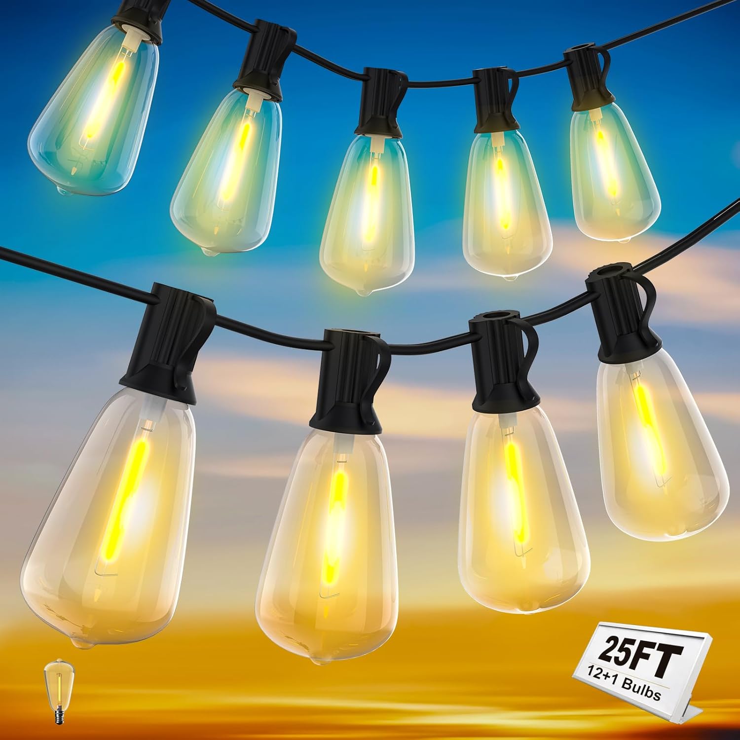 LED Outdoor String Lights 25FT Warm White Patio Lights with 12+1 Shatterproof ST...