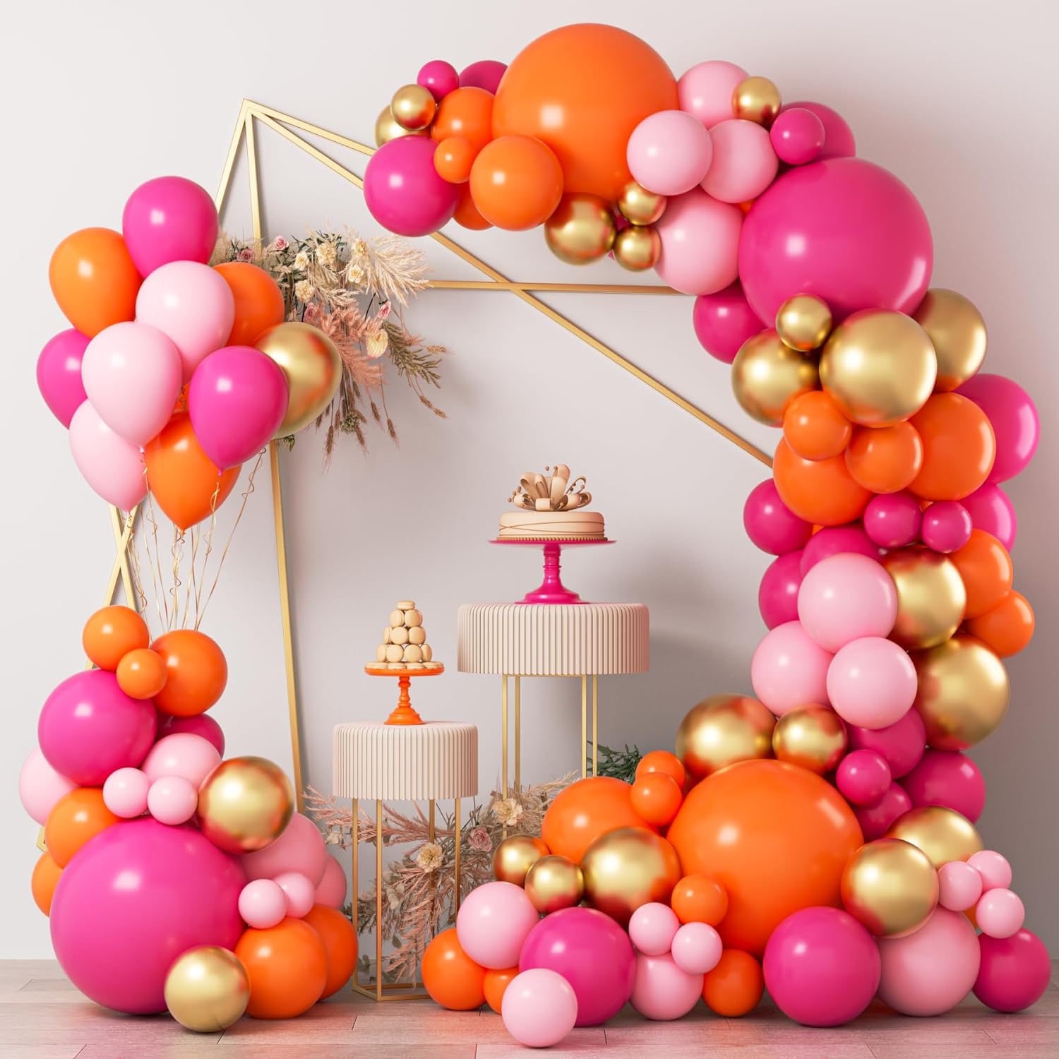 COKAOBE Pink Orange Balloon Garland Arch Kit, 124pcs Hot Pink Orange Chrome Meta...