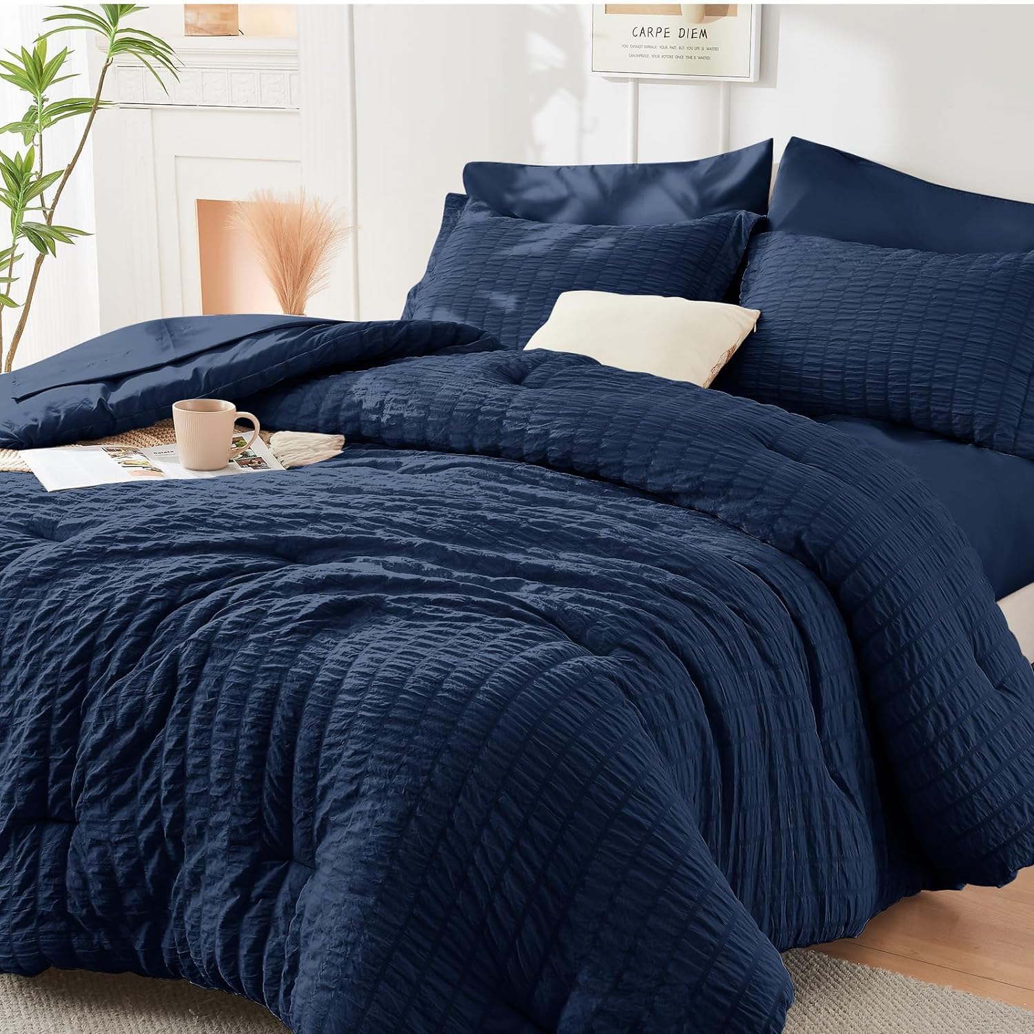 HYMOKEGE Navy Blue King Size Comforter Set Seersucker 7 Pieces, All Season Luxur...