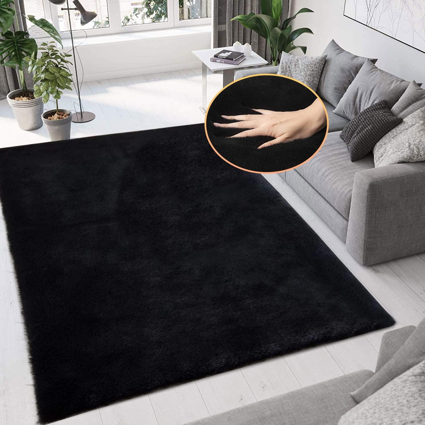 Black Fluffy Rug 5x8 Area Rugs for Bedroom Fuzzy Bunny Washable Fur Rugs for Liv...