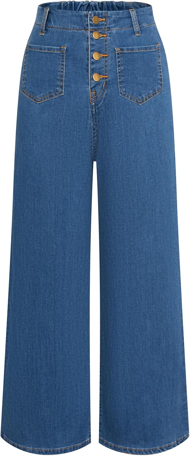Belle Poque Women Wide Leg Jeans High Waist Stretchy Vintage Denim Trousers with...