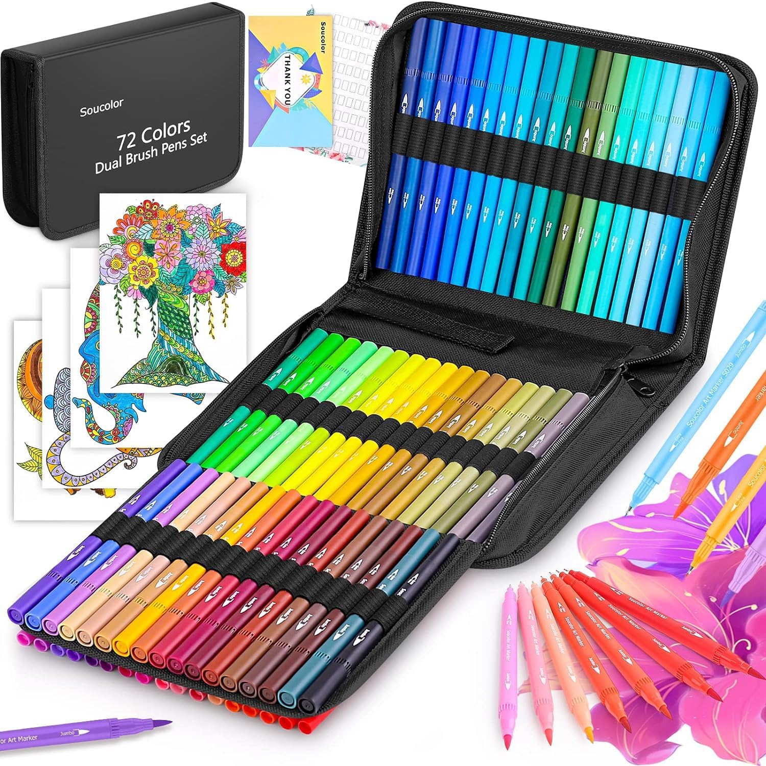 Soucolor Coloring Markers Pens Set for Adult Coloring Book, 72 Colors Dual Tip A...