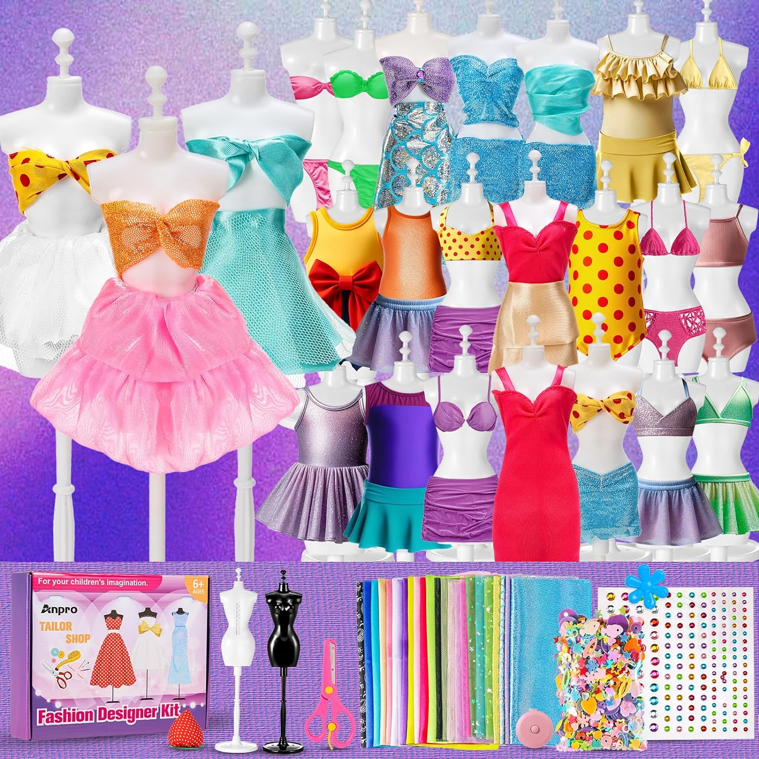 Anpro 650+Pcs Fashion Designer Kit for Girls with 2 Mannequins, DIY Arts & Craft...