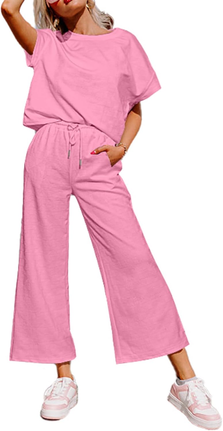 Glamaker Womens 2 Piece Outfits Lounge Sets Short Sleeve Loose Fit Top and Wide...