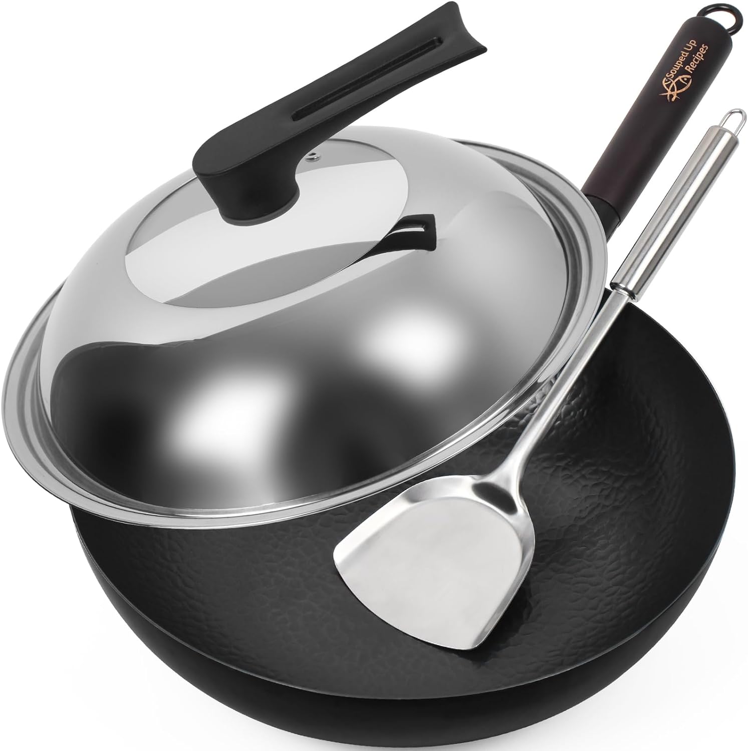 12.5 Inch Carbon Steel Wok For Electric, Induction and Gas Stoves (Lid, Spatula...