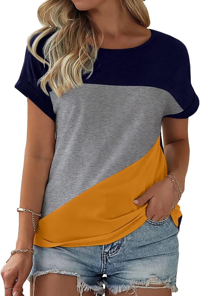 Womens Color Block Short Sleeve Tops Casual Summer T-Shirt Large Navy Blue+ Grey...